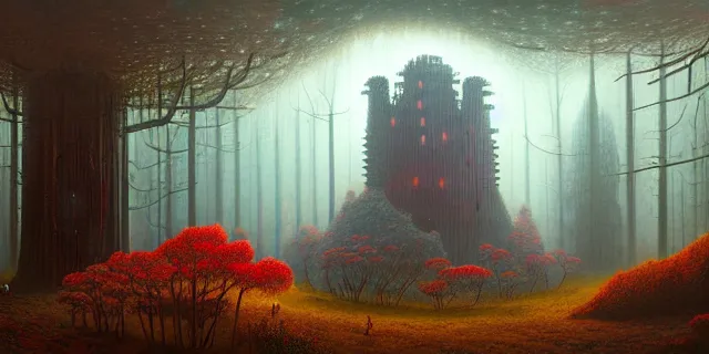 Image similar to painting of redwood forest and redstone labyrinth in the style of nebulapunk by dan seagrave and tomasz alen kopera with a futuristic castle by simon stahlenhag