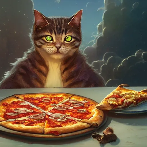 Image similar to Highly detailed photo of a cat eating pizza, unreal engine, fantasy art by Greg Rutkowski, Loish, Rhads, ferdinand knab, Makoto Shinkai and Lois van baarle, ilya kuvshinov, rossdraws, Tom Bagshaw, alphonse mucha, global illumination, radiant light, detailed and intricate environment