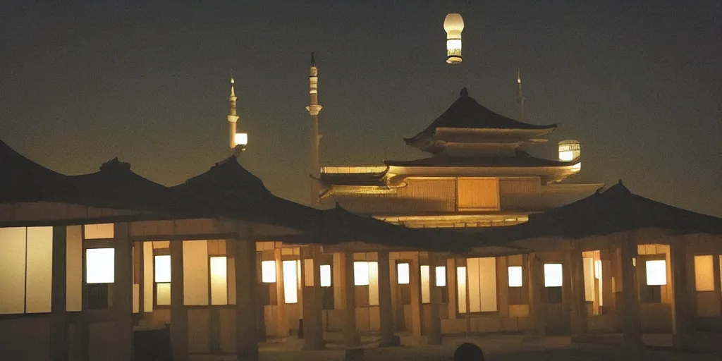 Prompt: “Japanese mosque at night. Savannah. There are glowing lanterns. Sun is setting”