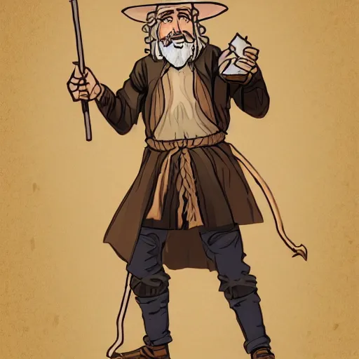 Prompt: man_mage Character art of a D&D wizard doing magic in his laboratory, with a blond beard and curly hair and a wide-brimmed straw hat, concept art, digital art