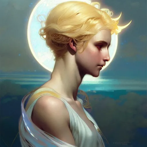 Image similar to Angel girl with blonde hair and glowing halo, wings, fantasy, intricate, elegant, highly detailed, digital painting, artstation, concept art, smooth, sharp focus, illustration, art by Krenz Cushart and Artem Demura and alphonse mucha