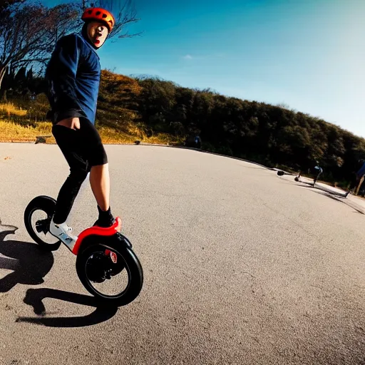 Prompt: man naruto running on electric onewheel unicycle scooter, gopro, sports action, cinematic, product image