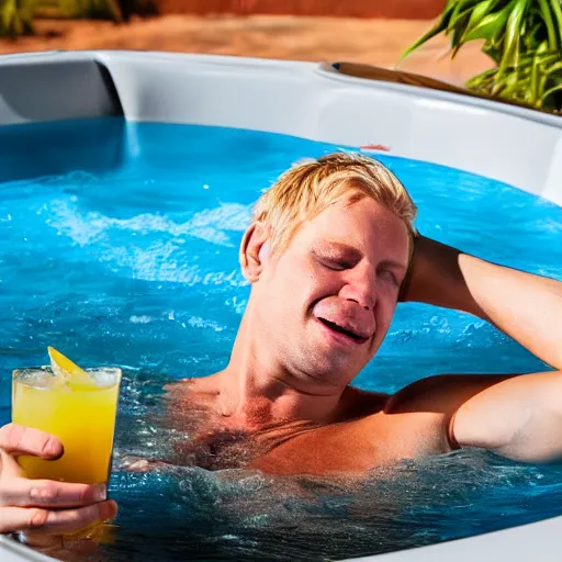 Prompt: a blond man crying in a hot tub with a kangaroo drinking a cocktail