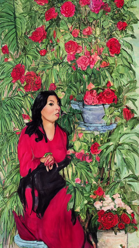 Image similar to rebekah delrio in a botanical room set near a persian pot of red roses and palm tree by narges shaeri