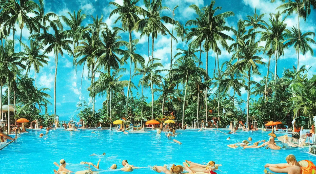 Image similar to a beautiful day at a tropical pool,colorised,photograph