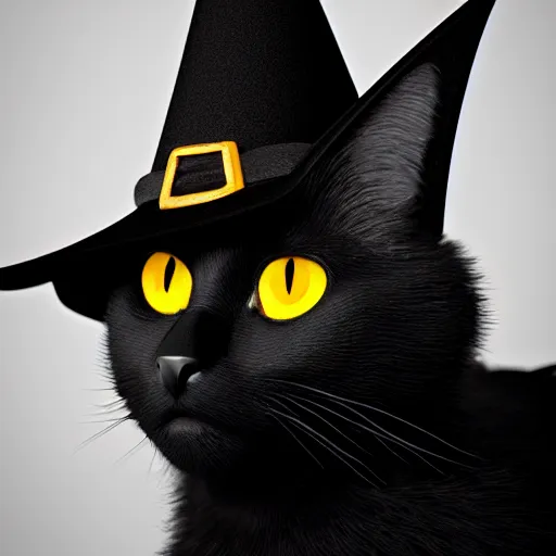 Image similar to a black cat wearing a witch hat, hyperrealistic, concept art, octane render, unreal engine 5, trending on deviantart, highly detailed, high quality, 8 k, soft lighting, cute, natural lighting, realistic face, trending on artstation, elegant clothes