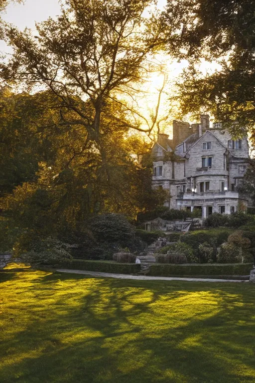 Image similar to movie screenshot wide-shot landscape with big stone edwardian house in the garden, apple trees, beautiful ambiance, golden hour, sharp focus, highly detailed,