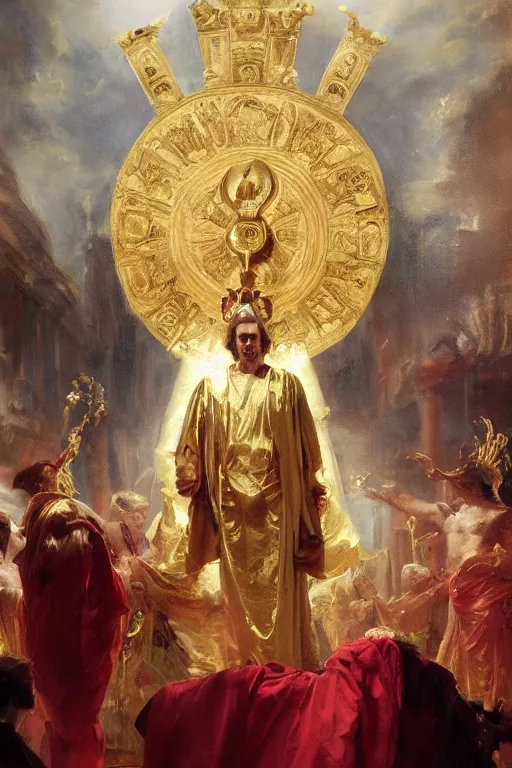 Image similar to beautiful portrait oil painting, steve buscemi wearing a golden wreath crown in royal crimson robes enthroned as the god emperor of ancient rome, mid - shot, by anders zorn, wonderful masterpiece by greg rutkowski, beautiful cinematic light, american romanticism, by thomas lawrence, greg rutkowski