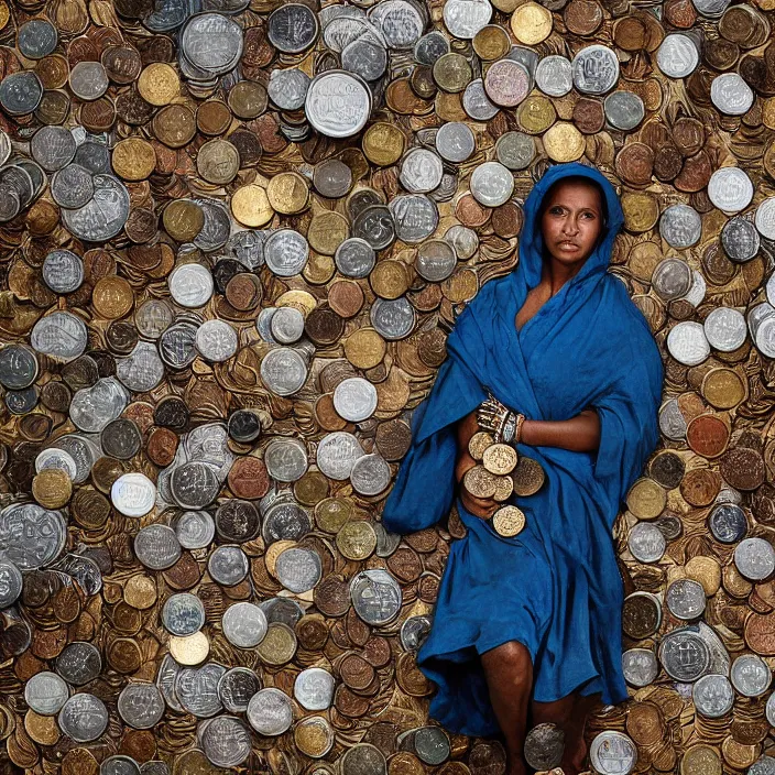 Prompt: closeup portrait of a woman wearing a cloak made of cold coins and wire, standing in a landfill of garbage and junk, by Annie Leibovitz and Steve McCurry, natural light, detailed face, CANON Eos C300, ƒ1.8, 35mm, 8K, medium-format print