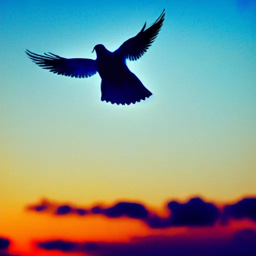 Prompt: Close-up realistic shot of a radiant white dove flying over the clouds at sunset, ethereal, vintage photograph, film grain, surreal, awe-inspiring, highly detailed, blue and orange color scheme