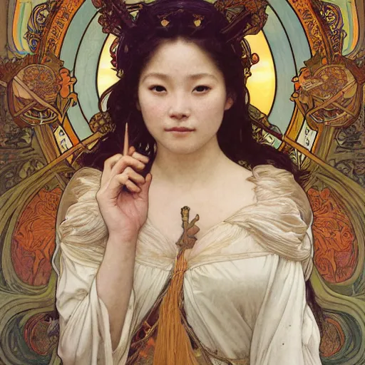 Image similar to detailed portrait art nouveau painting of Ashley Liao as the goddess of the sun, with anxious, piercing eyes, by Alphonse Mucha, Michael Whelan, William Adolphe Bouguereau, John Williams Waterhouse, and Donato Giancola