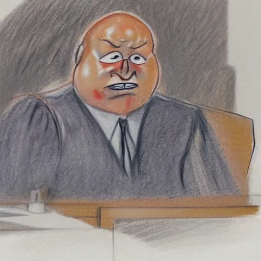 Image similar to courtroom sketch of the mcdonald ’ s character grimace sitting in the witness stand looking fearful