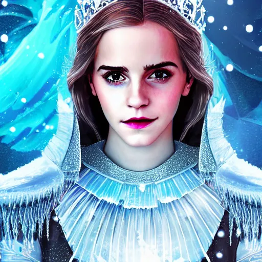 Prompt: Portrait shot of Emma Watson as the Queen of Ice, Ice crystal armor, snow falling, concept art, 4k, digital art, trending on art station, hd, doll, colorful backdrop, 3d anime