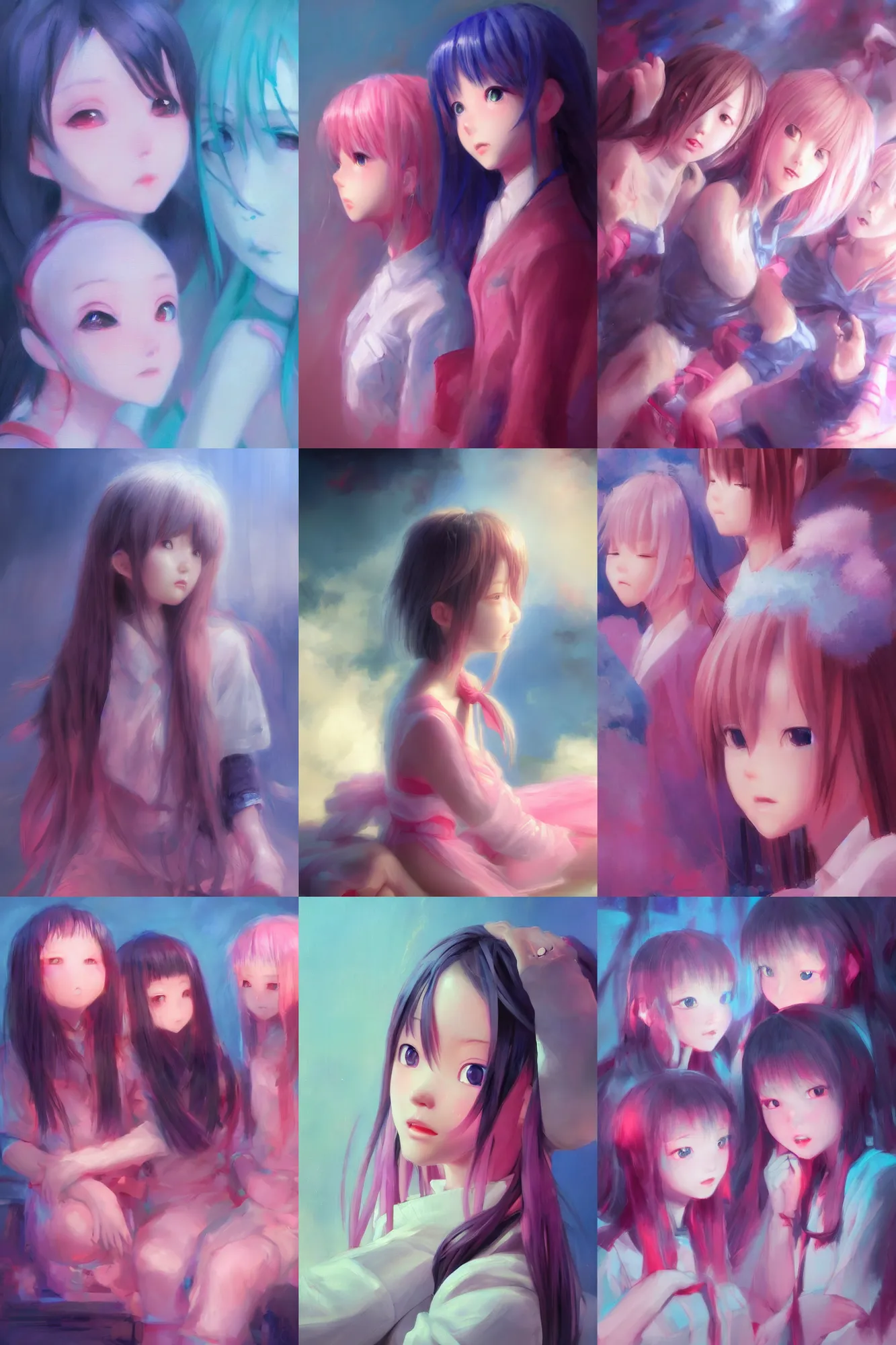 Prompt: 3d infrared octane render concept art by D. Jun, by Mo Xiang Tong Xiu, by Igarashi Daisuke, cute beauty complex portrait anime sad friends schoolgirls under dark pink and blue ocean. beautiful and cutest sad face. dramatic deep light, trending on artstation, oil painting brush