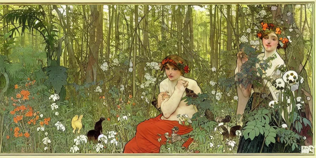 Image similar to a beautiful painting of wild animals in the woods with vines and ferns and flowers, painted by carl larsson and alphonse mucha