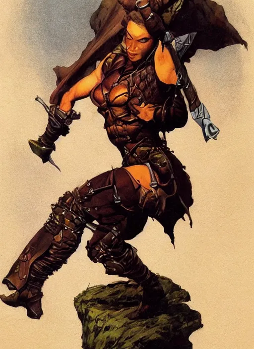 Image similar to portrait of strong female ranger, beautiful! coherent! dungeons and dragons character, by frank frazetta, by brom, strong line, deep color, leather armor, short buzzed hair, high contrast