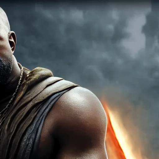 Image similar to portrait of kanye west as zeus, god of thunder, greek god, in mortal kombat, gears of war, mythology, fantasy, splash art, movie still, cinematic lighting, dramatic, octane render, long lens, shallow depth of field, bokeh, anamorphic lens flare, 8 k, hyper detailed, 3 5 mm film grain