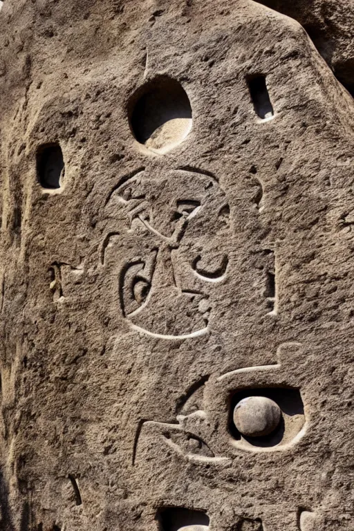 Image similar to 4 k photography of petroglyphs representing crosses, ufo, yin yang symbol on a cave