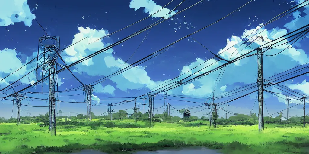 Image similar to round white dome and power lines, by a river and fields, art station, digital art, Studio Ghibli