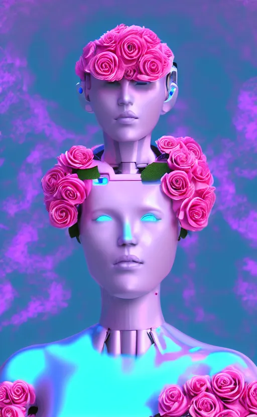 Image similar to detailed vaporwave pastel female robot covered in roses, 3d, digital art, 4k