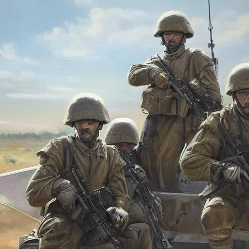 Image similar to an award winning painting of soldiers sitting inside a plane on their way to the battlefield, an emotionless look on their faces, in the style of grek rutkowski