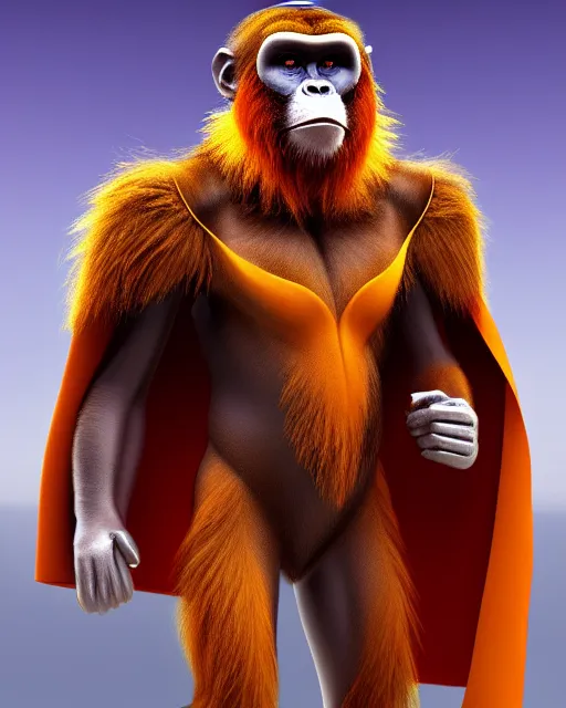 Image similar to fury art, an anthro ape monkey wearing a large cape and a fantasy armor, fire, fiery background, 3 d, 8 k, extremely detailed, trending on furaffinity, trending on artstation, award winning, sharp focus, illustration