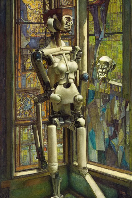 Image similar to the robot wearing her bone crown stands by the window , by Annie Swynnerton and Diego Rivera and Elihu Vedder, symbolist, dramatic lighting, elaborate geometric ornament, Art Brut, soft blues and greens,smooth, sharp focus, extremely detailed, Adolf Wölfli, octane render