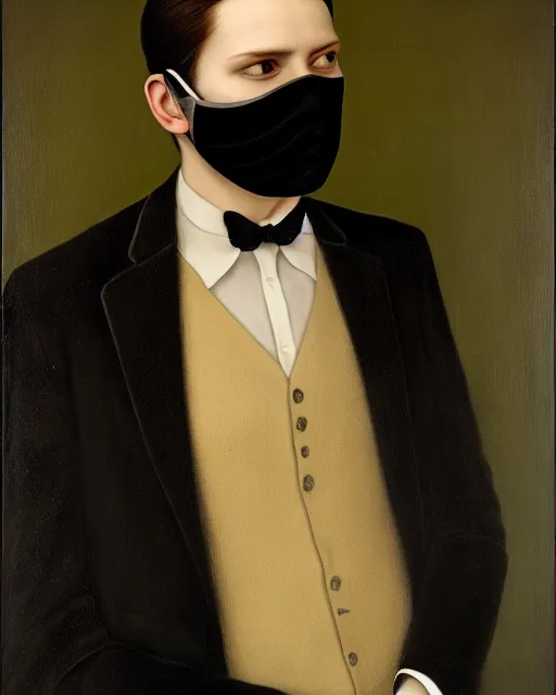 Image similar to portrait of young man wearing black medical mask, suit and tie, style of james c. christensen