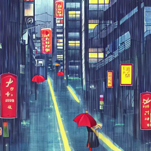 Prompt: a rainy city street in the style of japanese animation, trending on pixiv