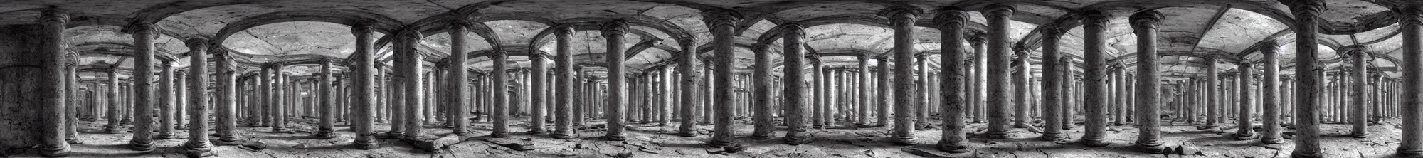 Image similar to photo of an immersive forgotten panopticon well, with columns and destroyed cybernetics from an ancient civilization, photorealistic, higly detailed dark, 3 6 0 picture, panorama, 3 5 mm slide, trending on flickr, in the style of francesca woodman, zachary corzine, zhelong xu, greg rutkowski and anders zorn