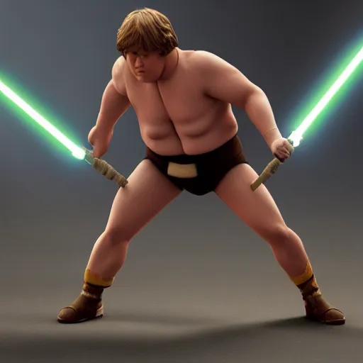 Image similar to luke skywalker as a sumo wrester, ultra-realistic, moody lighting, 8k