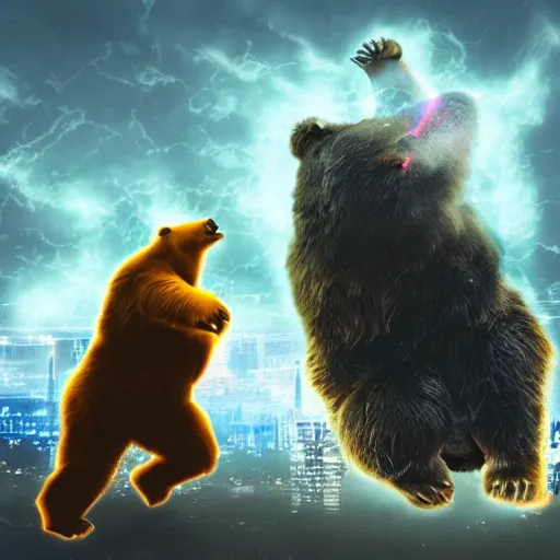 Prompt: a giant angry bear releasing laser by the hands attacking the city, photomanipulation, photoshop, digital art