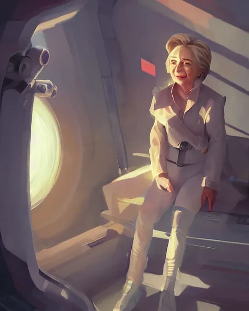 Prompt: hillary clinton in her 2 0's in a spaceship pilot dress, portrait, illustration, rim light, top light, perfectly shaded, spring time, slight overcast lighting, soft painting, art by krenz cushart and wenjun lin