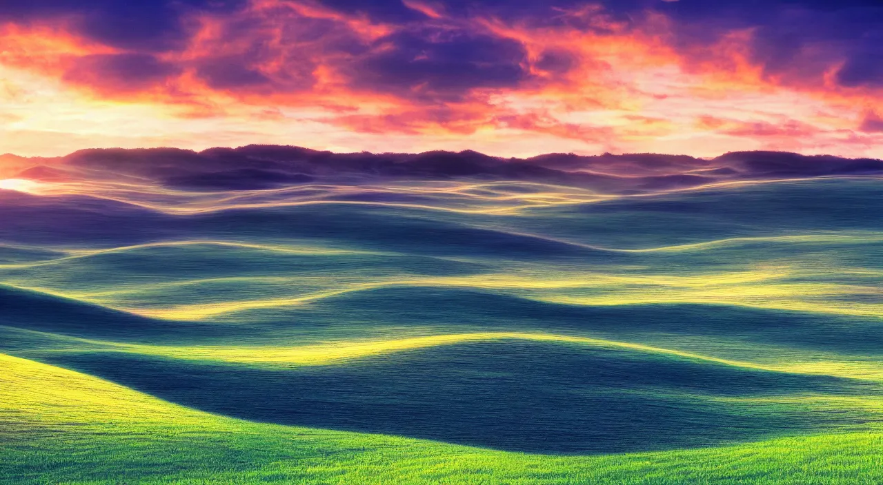 Prompt: bliss windows xp default wallpaper, the time of day is dusk,