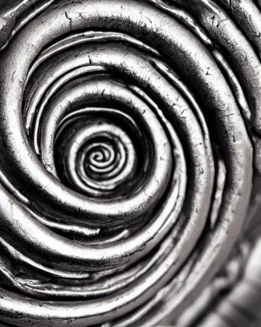 Image similar to studio shot of an intricate silver spiral statue, professional close up, textured silver, scratched metal, well lit professional photo, chromatic, HD photography, 4k