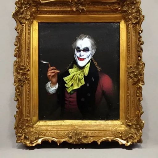 Prompt: 1 8 th century oil painting portrait of the joker wearing a white aristocratic outfit and wearing a monocle on his eye, very detailed, very intricate, 8 k,