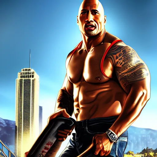 Prompt: dwayne the rock johnson,GTA V cover art by stephen bliss,realistic,professional art,professional lighting,detailed face,4k,hyperdetailed,realistic