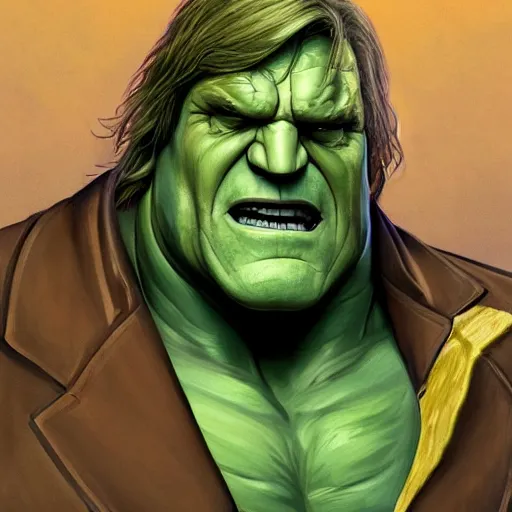 Prompt: [Gérard Depardieu as the Hulk as GTA character, closeup, D&D, intricate, elegant, highly detailed, digital painting, artstation, concept art, matte, sharp focus, illustration, art by Artgerm and Greg Rutkowski and Alphonse Mucha and Enki Bilal]