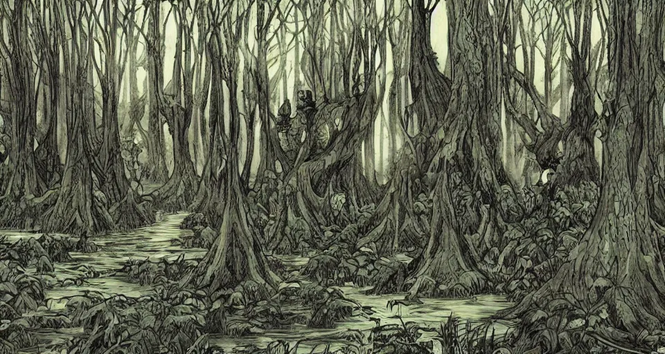 Image similar to A dense and dark enchanted forest with a swamp, from Berserk