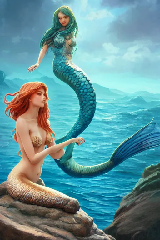 Image similar to mermaid on a rock in the ocean, accurate anatomy, only two hands, highly detailed, digital painting, concept art, smooth, sharp focus, illustration, Unreal Engine 5, 32K, art inspired by ross tran and alphonse mucha