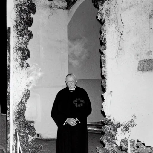 Image similar to photogrqph of john paul ii standing in the entrance to a small burning church building, at night, pitch black