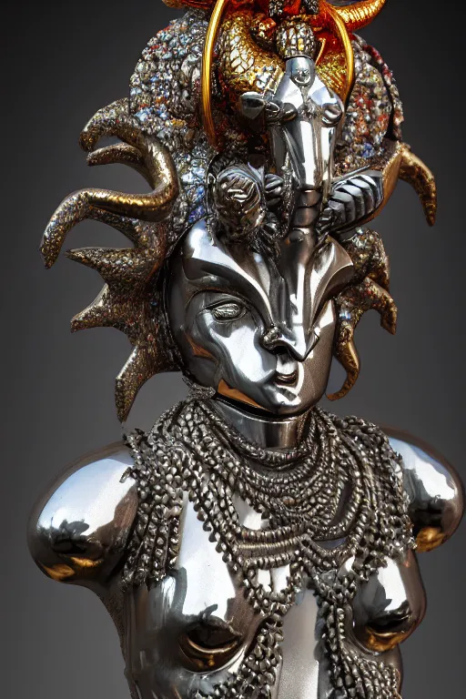 Image similar to chrome carved statue of horned persian sacred demon goddess, metallic polished intricated sculpture, dressed with a colorful torn cotton cloak, made by antonio corradini, and dug stanat macabre art, dark surrealism, epic and cinematic view, volummetric light, texturized, detailed, 8 k