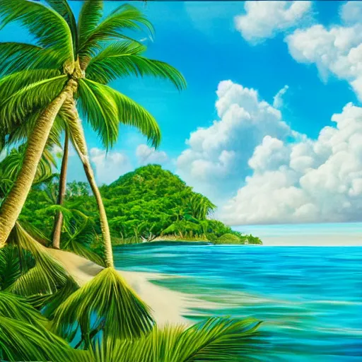 Image similar to an extremely beautiful ultra - realistic painting of a tropical island paradise with sunlight shining through vines, white sand, turquoise water, lagoons, warm, palm trees, exotic birds, peaceful, green forest, turtles, forgotten paradise, 4 k, award winning