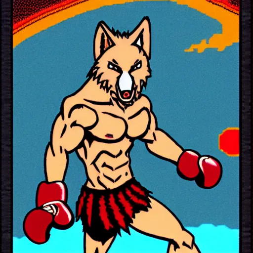 Prompt: full body portrait. 1 6 bit sega graphics. antropomorphic muscular masculine wolf, kickboxer fighter, in shorts, in front of destroyed city. wolf head. furr on body. at night. 1 9 8 9