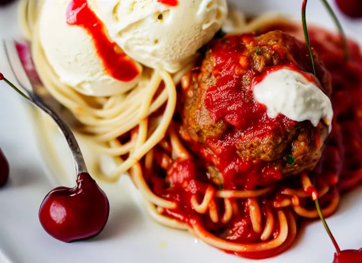 Prompt: dslr food photograph of spaghetti and meatballs topped with vanilla ice cream and a cherry on top, 8 5 mm f 1. 8