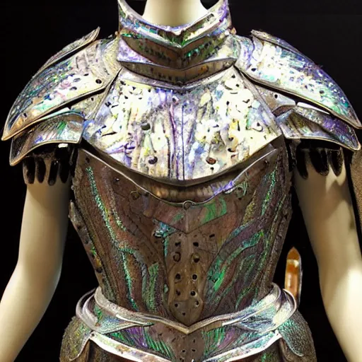 Image similar to an armor made of mother of pearl. sheen and shimmer. super intricate. photorealistic. award winning