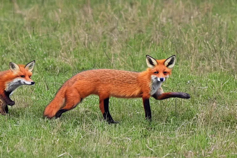 Image similar to Foxes playing in a meadow, rambunctious fox kits, professional animal photography, highly detailed, 8k