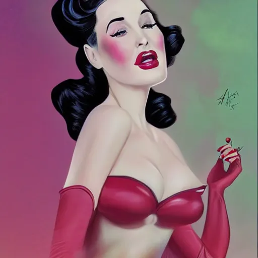 Image similar to a pinup illustration of dita von teese in the style of anna dittmann and in the style of alex ross.