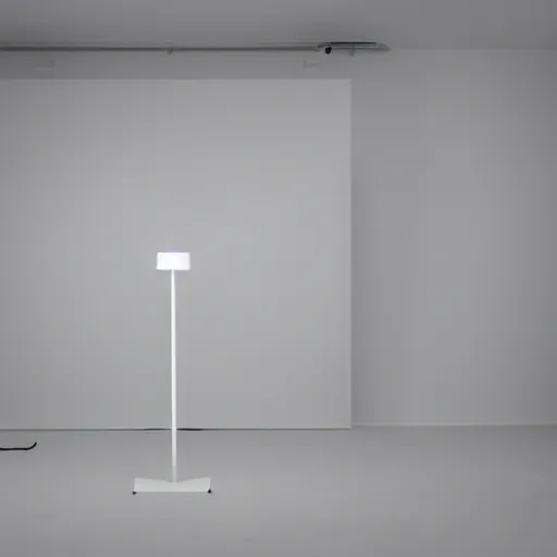 Prompt: an ultra high definition professional studio quality photograph of an empty white room with a plain white plinth in the middle of the room, a mobile phone is on top of plinth in the centre of the photograph. three point light.
