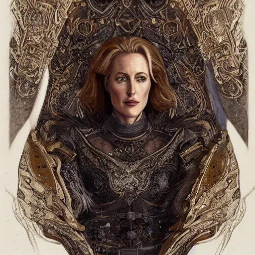 Prompt: portrait of Gillian Anderson dressed in intricate armor , detailed intricate ink illustration, dark atmosphere, detailed illustration, hd, 4k, digital art, overdetailed art, concept art, by greg rutkowski, by loish, complementing colors, Trending on artstation, deviantart